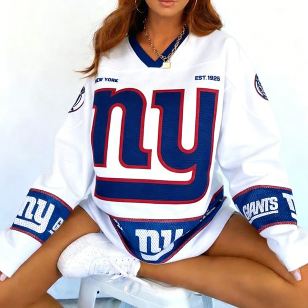 Vintage New York Giants Team Football Print V-Neck Long-Sleeved Sweatshirt