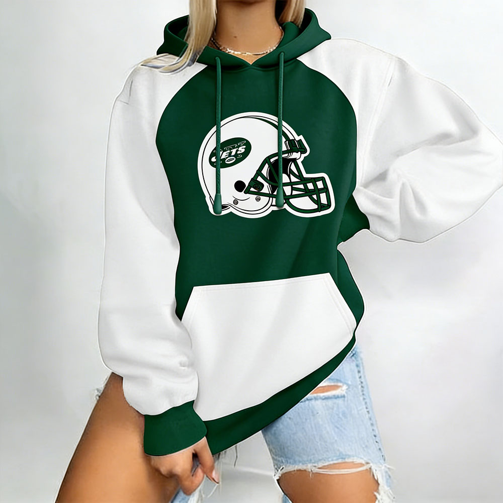 New York Jets Football Print Color-Block Long-Sleeved Hoodie