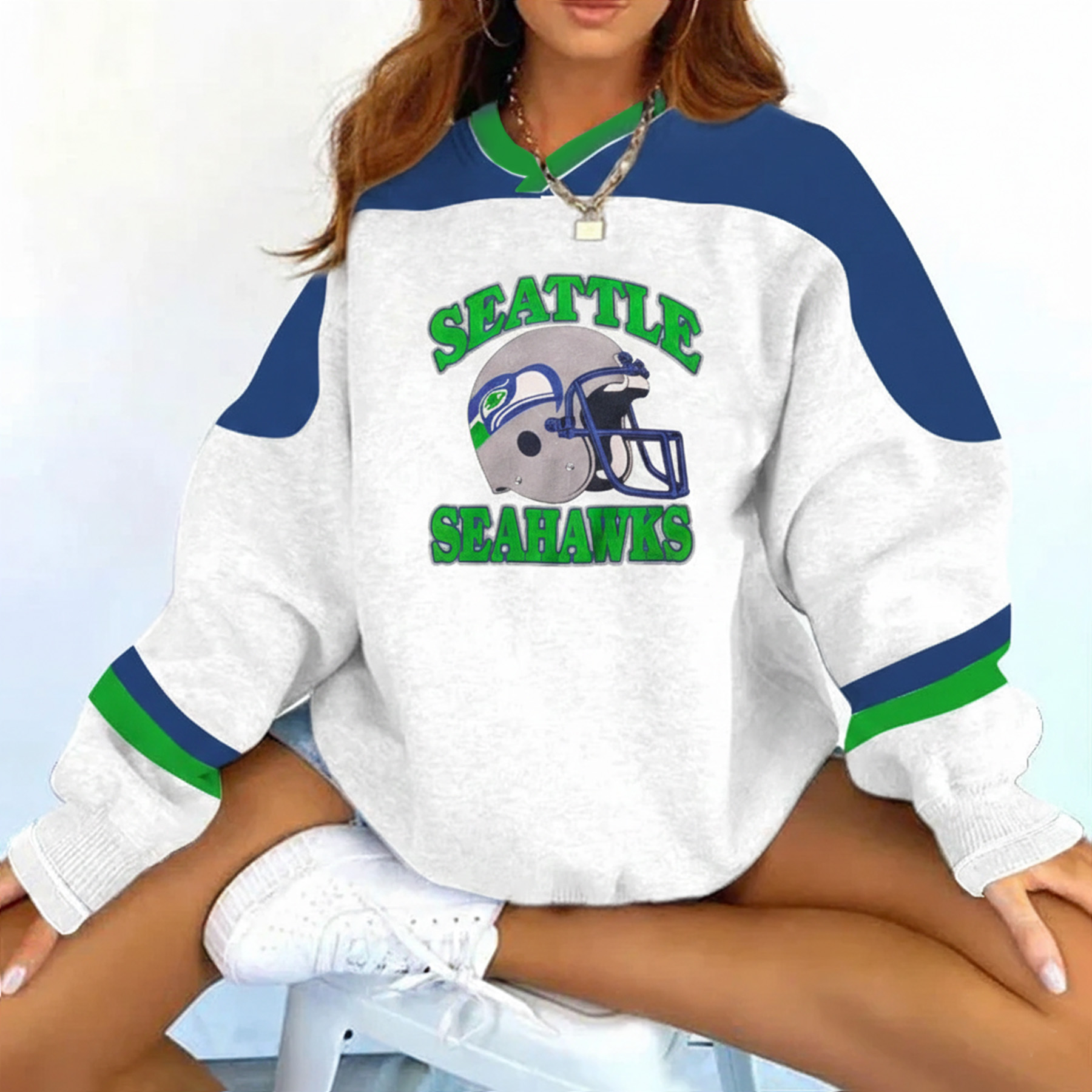 Seattle Seahawks Football Print Color Block V-Neck Long-Sleeved Sweatshirt