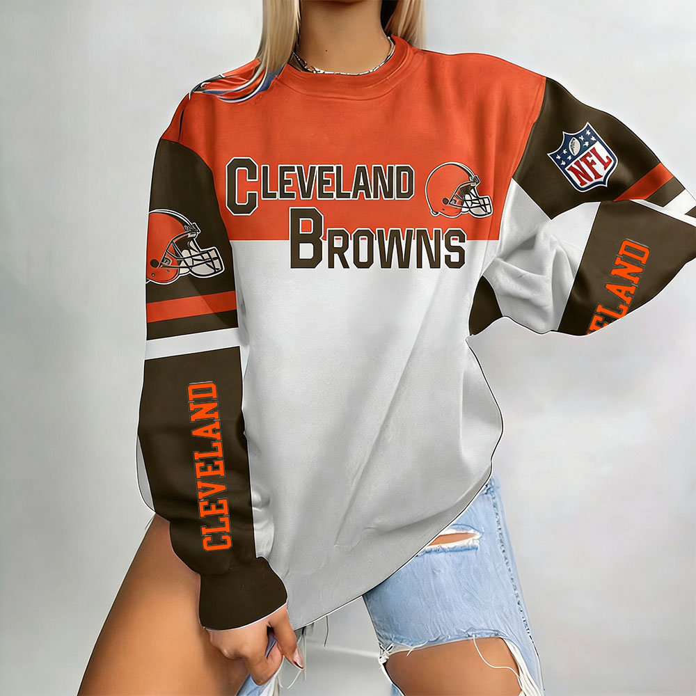 Women's Cleveland Browns Football Print Color Blocking Long-Sleeved Sweatshirt