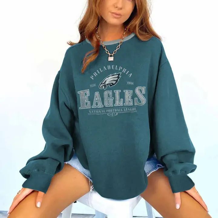 Retro Philadelphia Eagles Football Graphic Print Crewneck Long-Sleeved Sweatshirt