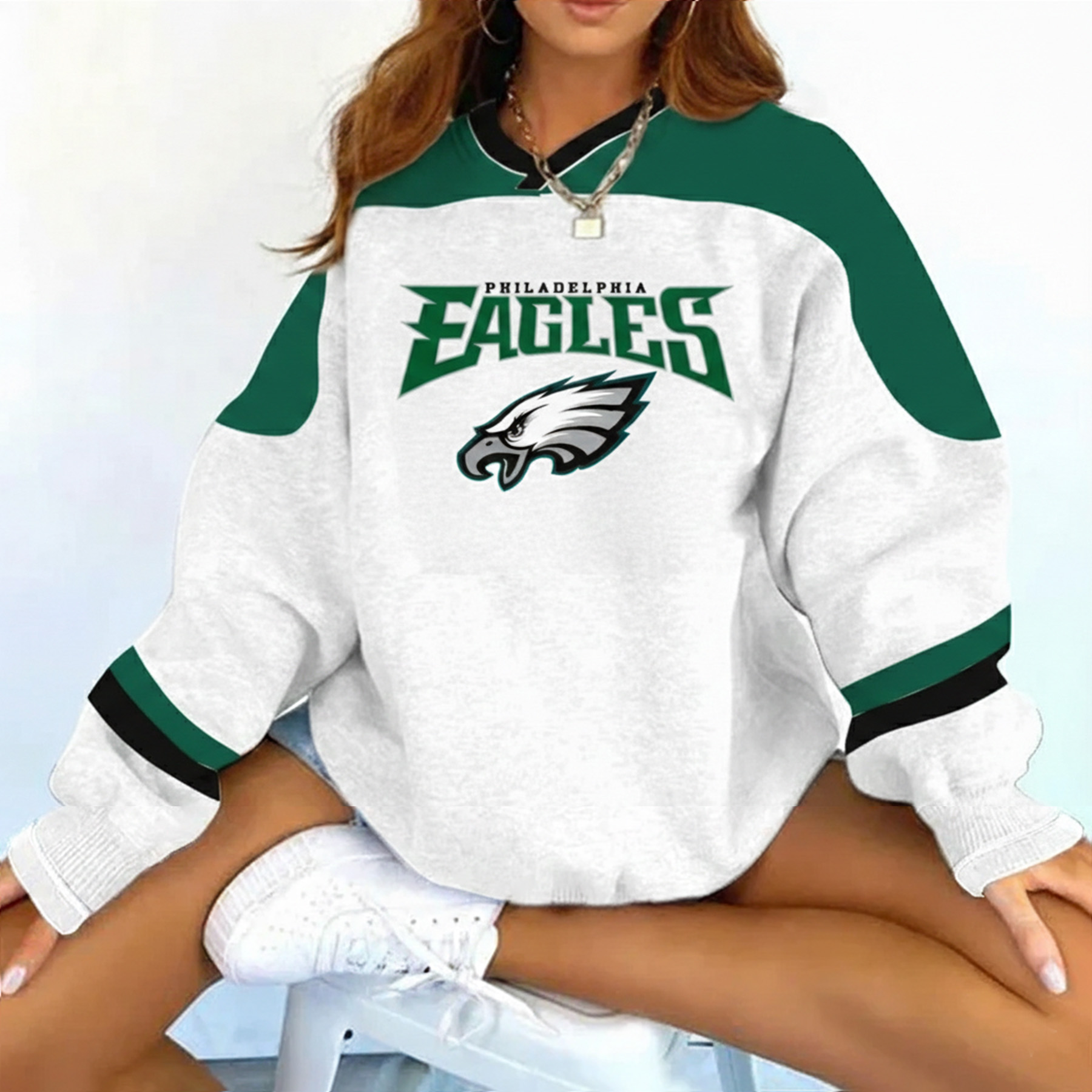 Philadelphia Eagles Football Print Color Block V-Neck Long-Sleeved Sweatshirt