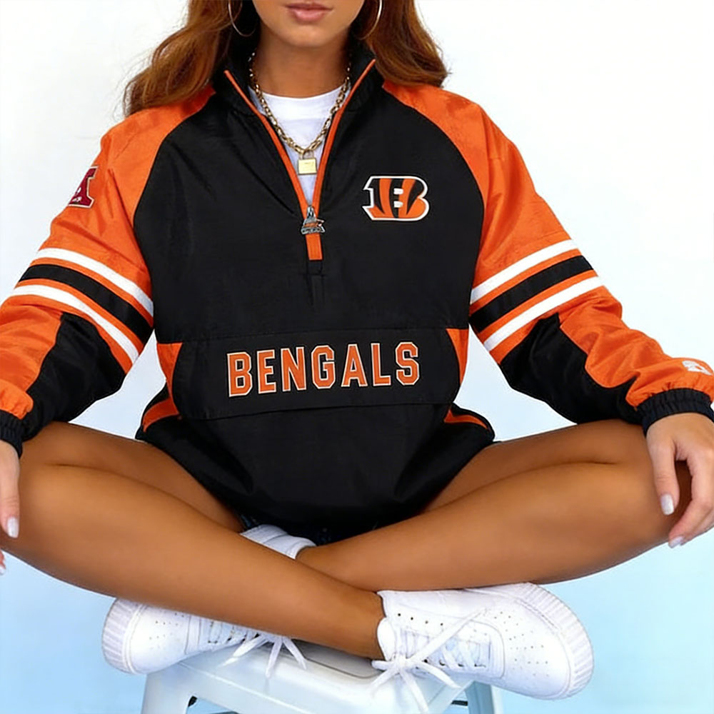 Women's Retro Cincinnati Bengals Rugby Print Pocket Zipper Long Sleeve Sweatshirt