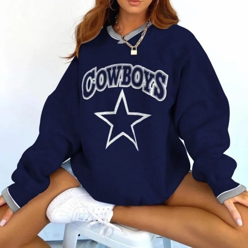 Women's Vintage Dallas Cowboys Football Print V-Neck Long-Sleeved Sweatshirt