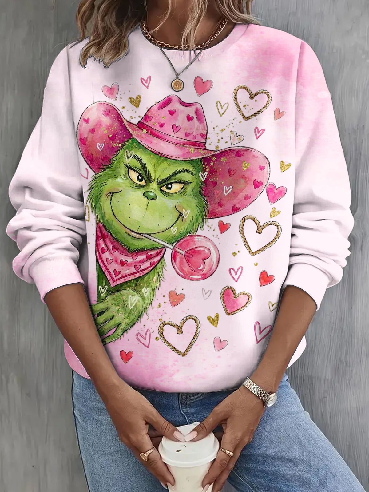 Valentine's Day Western Cowboy Grinch Long Sleeve Casual Top