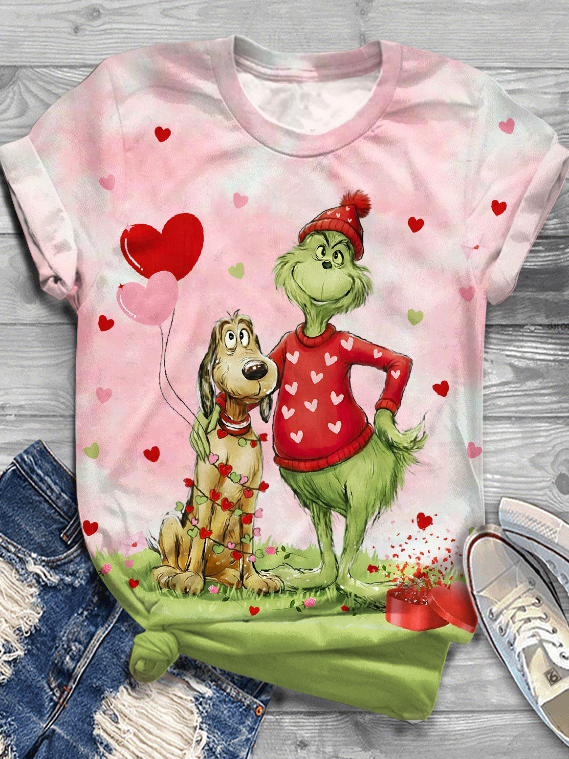 Valentine's Day Romantic Grinch Print Print Crew Neck T-Shirt