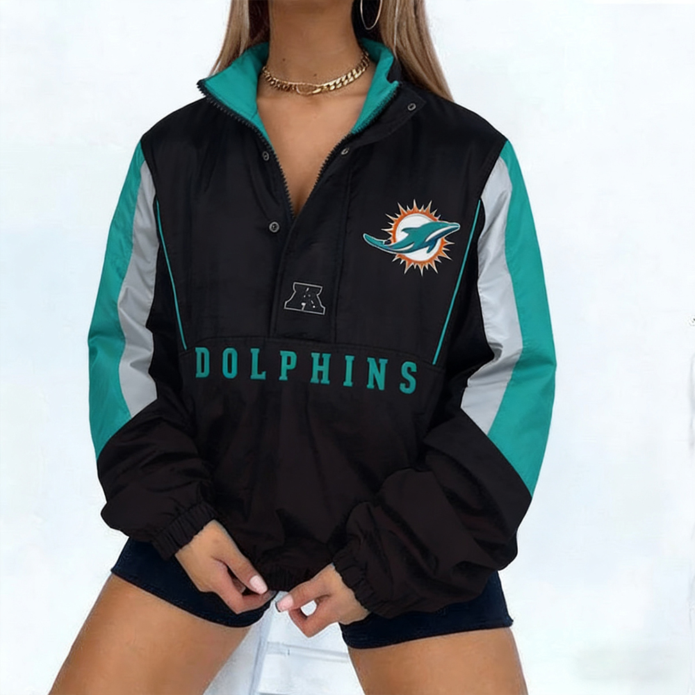 Miami Dolphins Football Zipper Button Long-Sleeve Sweatshirt Jacket