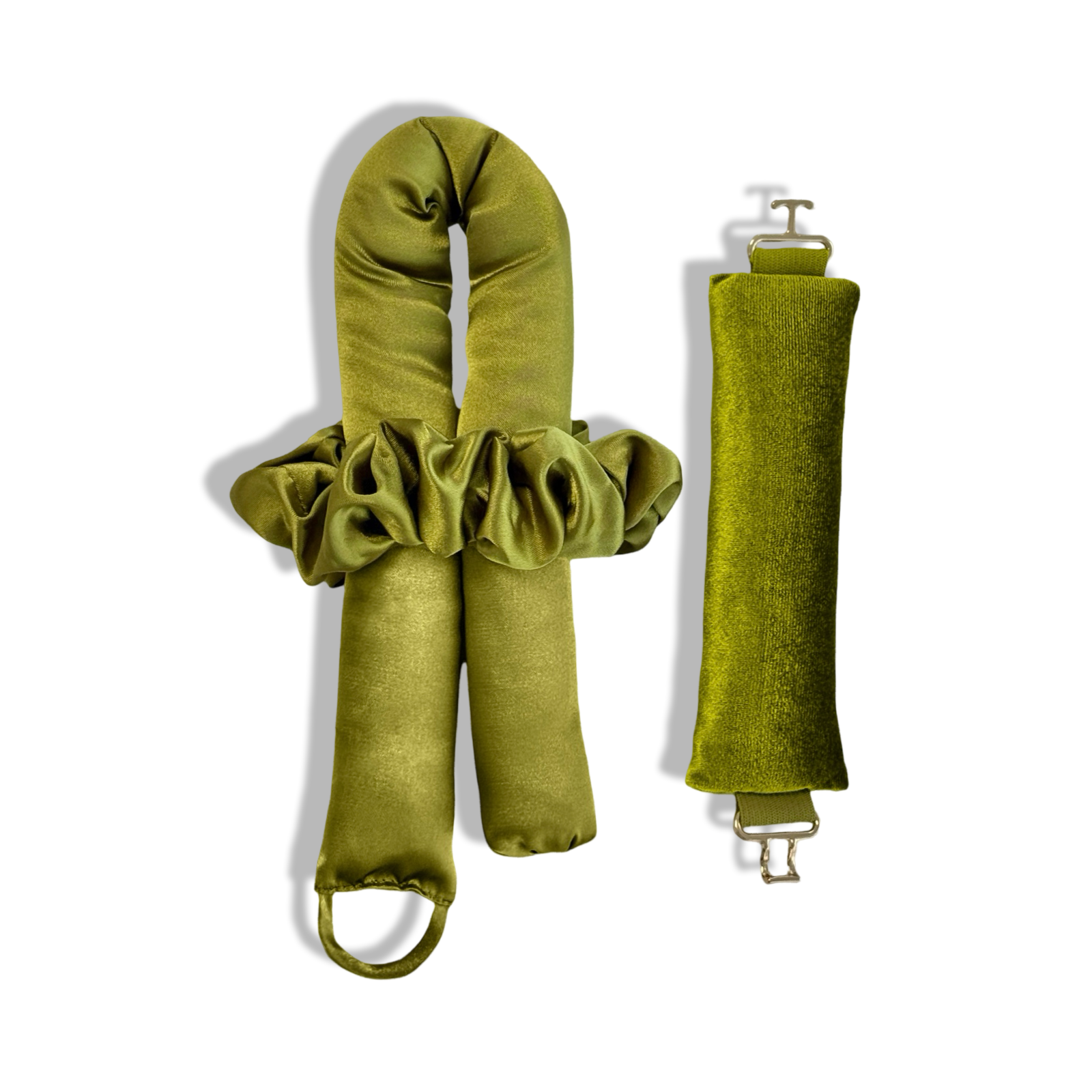 A set of olive green heatless curlers for side sleepers. and a hair tie, made from Peau De Soie fabric, with gold clasps.