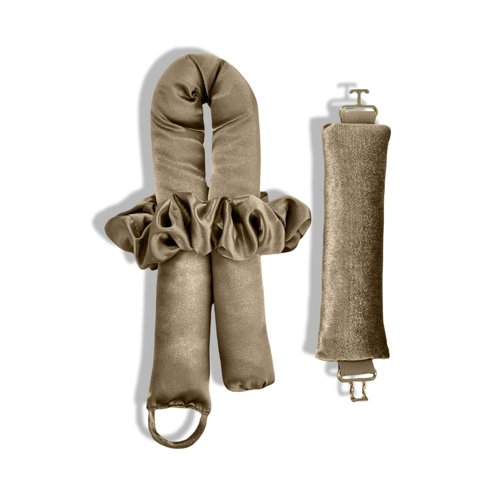 A set of latte coloured heatless curlers for side sleepers. and a hair tie, made from Peau De Soie fabric, with gold clasps.