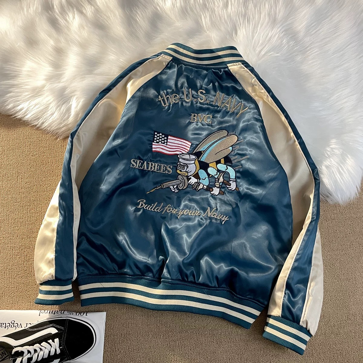 Japan Souvenir Jacket Reversible Satin US Navy Seabees Sukajan Tour