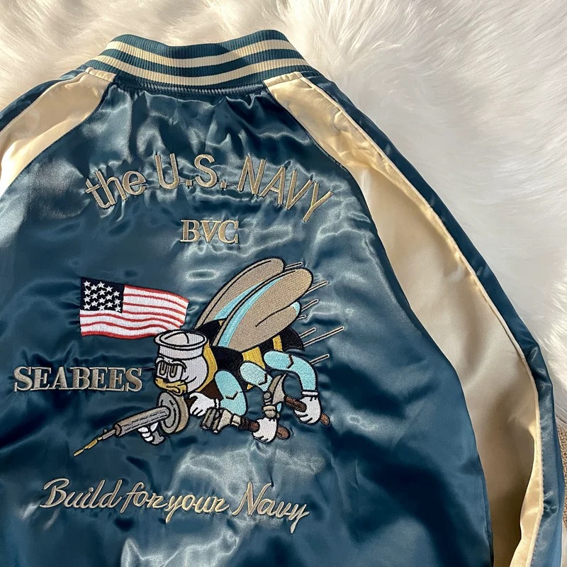 Japan Souvenir Jacket Reversible Satin US Navy Seabees Sukajan Tour