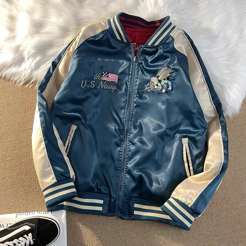 Japan Souvenir Jacket Reversible Satin US Navy Seabees Sukajan Tour