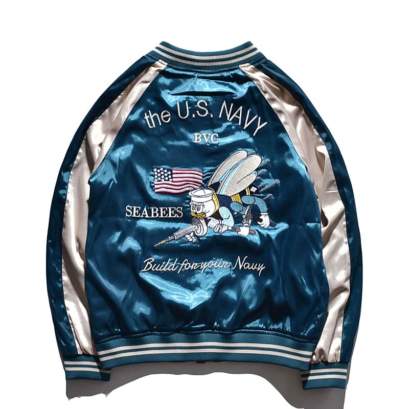 Japan Souvenir Jacket Reversible Satin US Navy Seabees Sukajan Tour