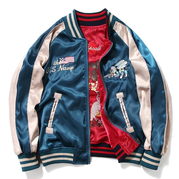 Japan Souvenir Jacket Reversible Satin US Navy Seabees Sukajan Tour