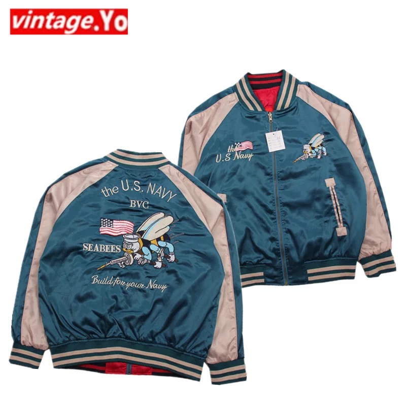 Japan Souvenir Jacket Reversible Satin US Navy Seabees Sukajan Tour
