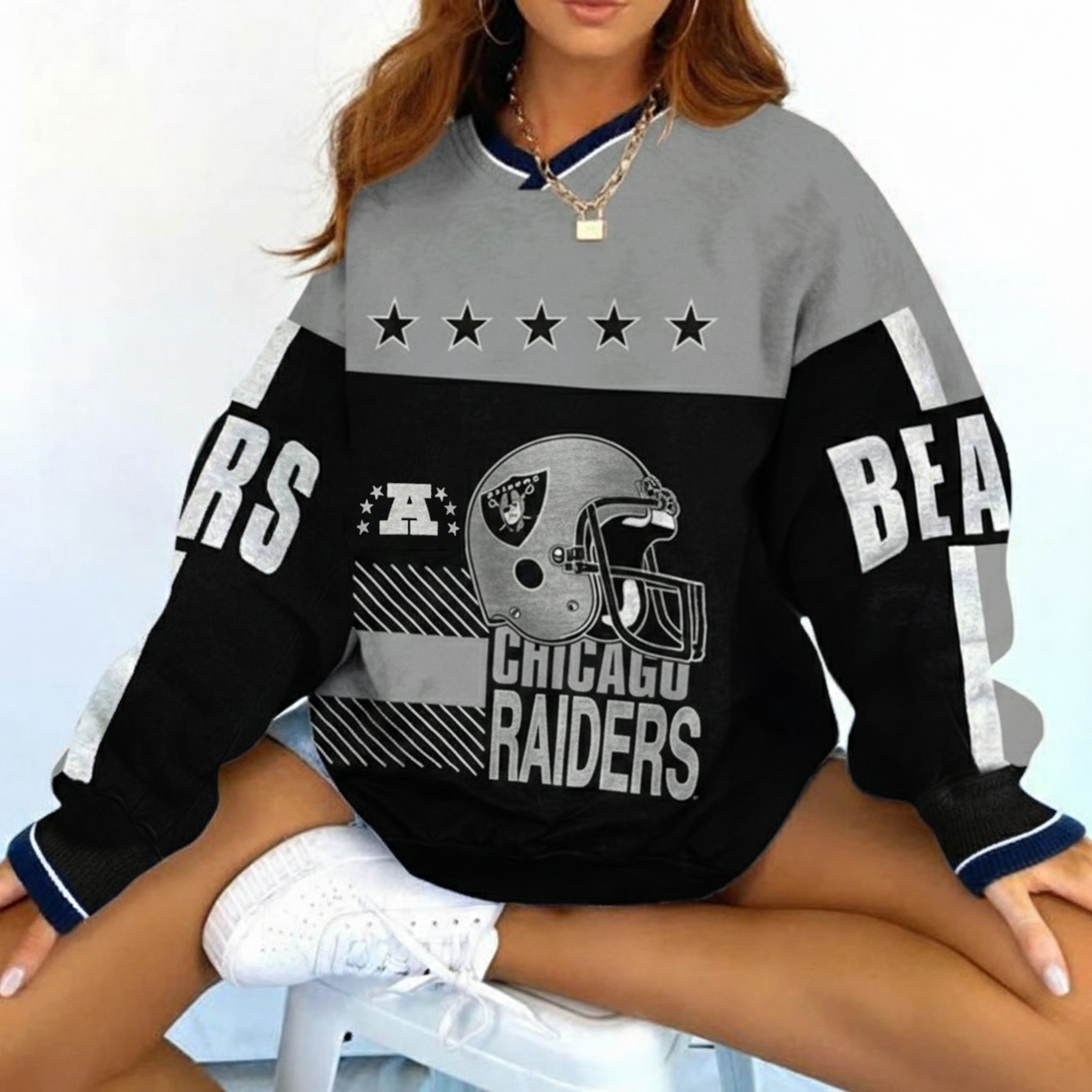 Women's Retro Las Vegas Raiders Rugby Print Long-Sleeve Sweatshirt