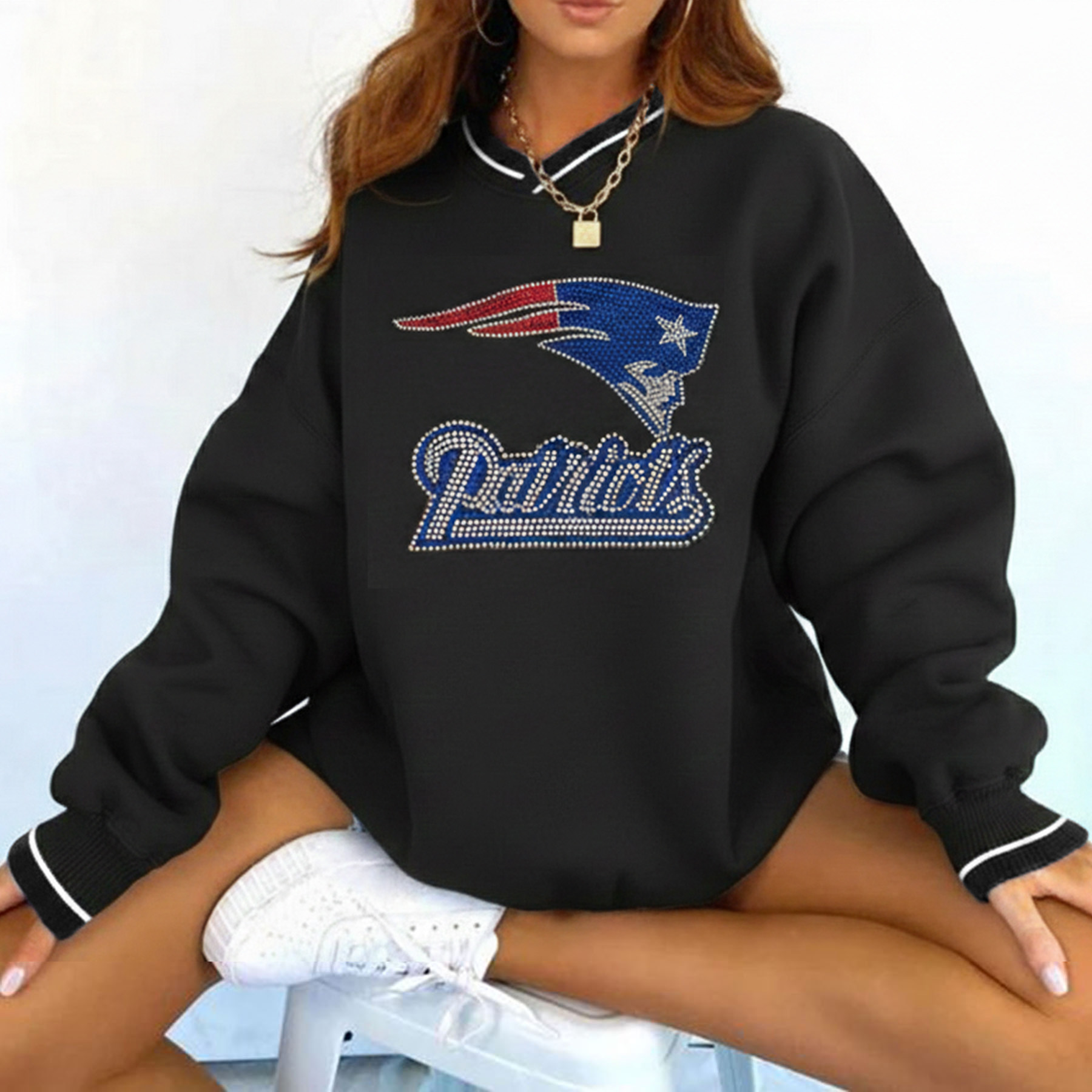 New England Patriots Sparkling Rhinestone Print Retro Sweatshirt