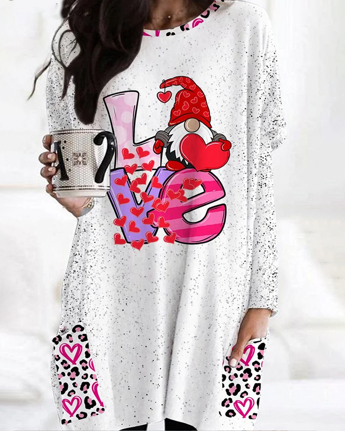Valentine's Day Cute Gnomies Leopard Long Sleeve Round Neck Top