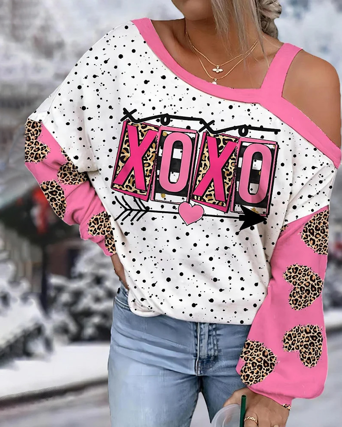 Valentine's Day Kisses And Hugs Print One Shoulder Long Sleeve Tops