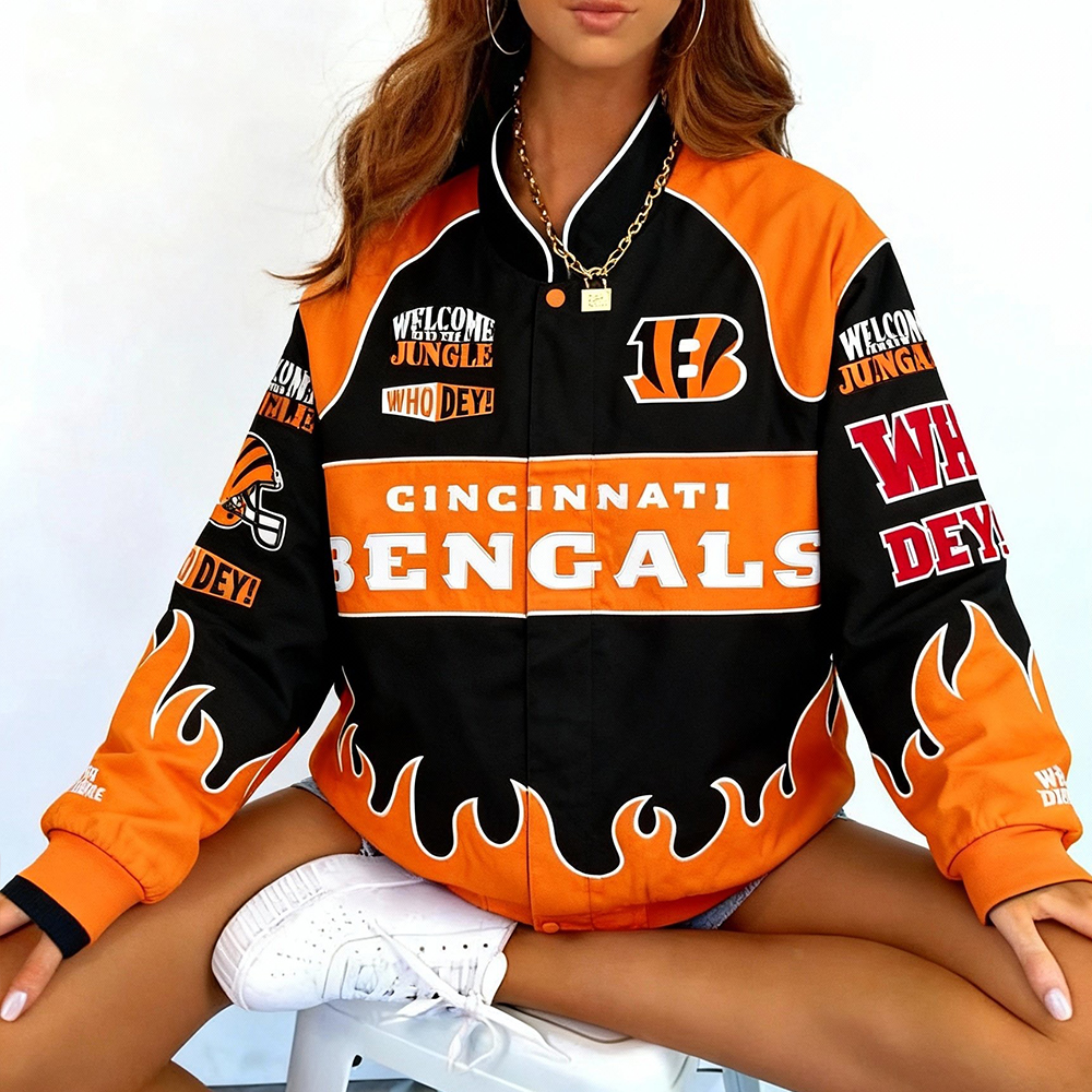 Vintage Cincinnati Bengals Football Team Racing Printed Long-Sleeve Zip-Up Jacket
