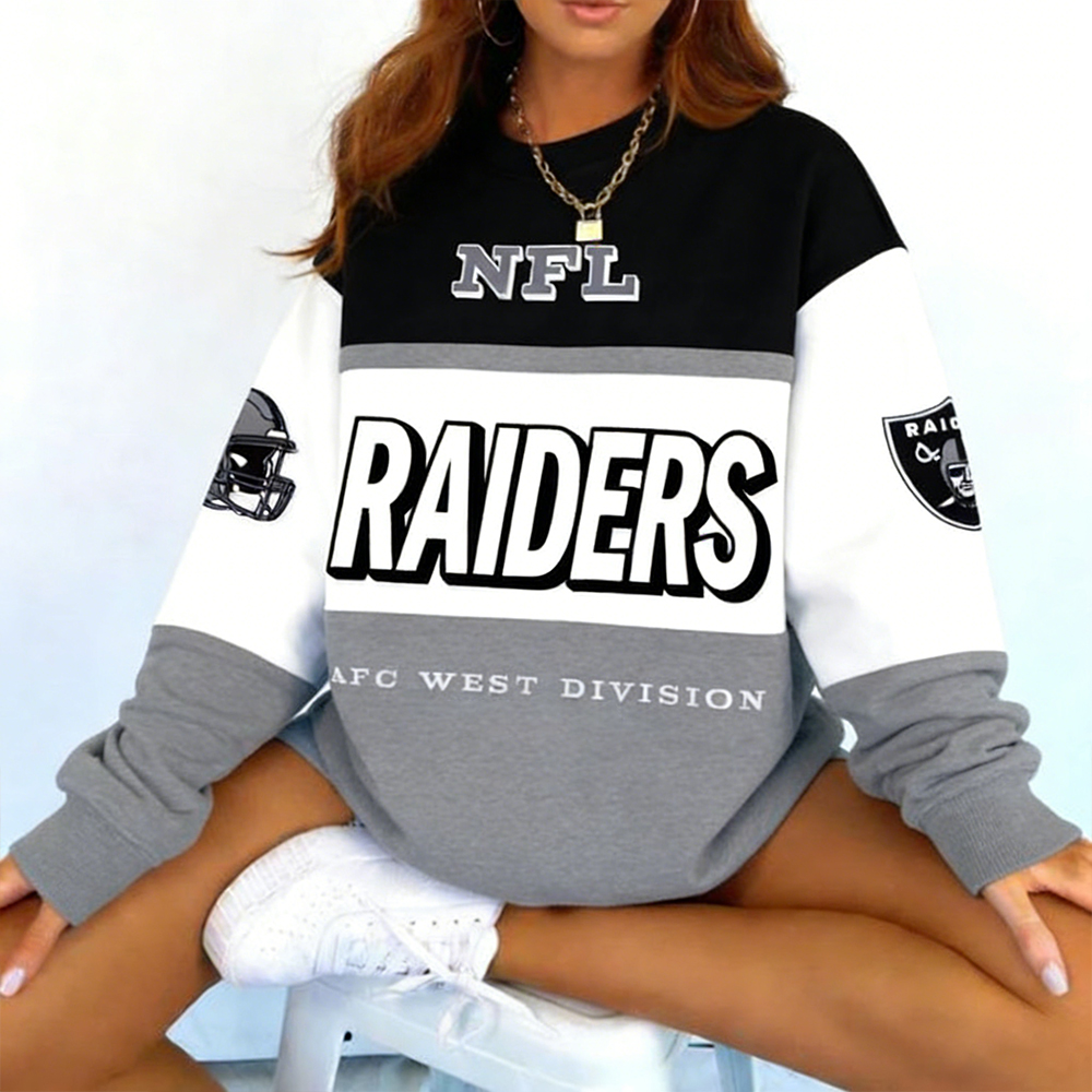 Women's Las Vegas Raiders Football Print Color Blocking Crew Neck Vintage Sweatshirt