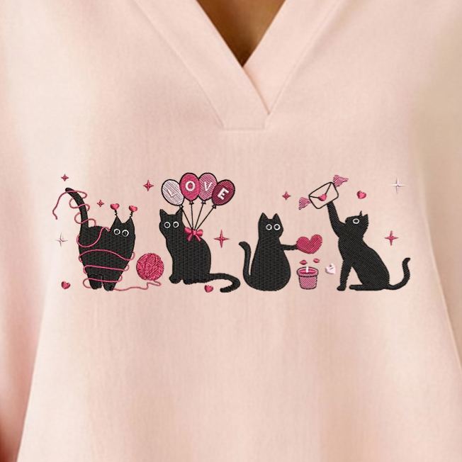 Valentine's Day Black Cat Graphic Print V-Neck Top
