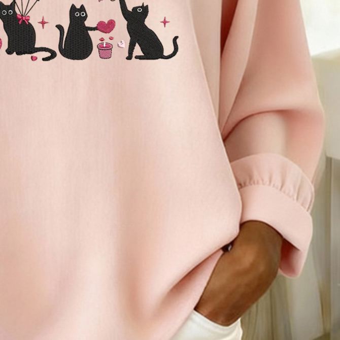 Valentine's Day Black Cat Graphic Print V-Neck Top