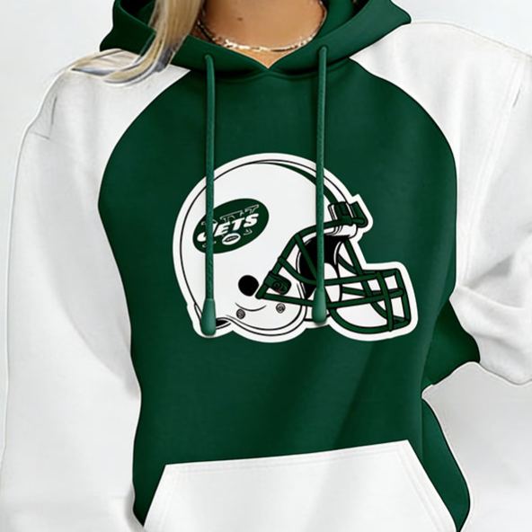 New York Jets Football Print Color-Block Long-Sleeved Hoodie
