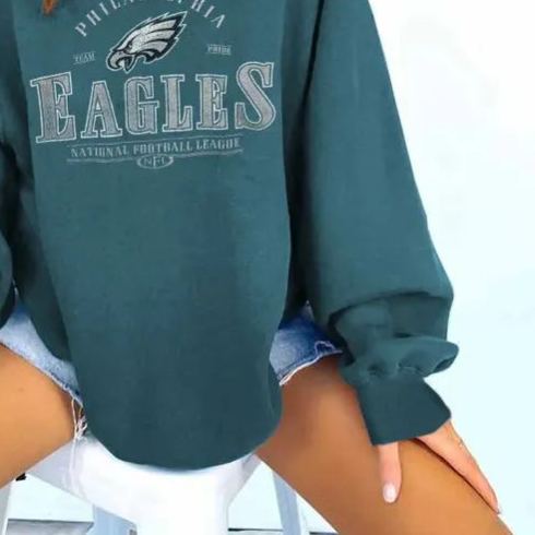 Retro Philadelphia Eagles Football Graphic Print Crewneck Long-Sleeved Sweatshirt