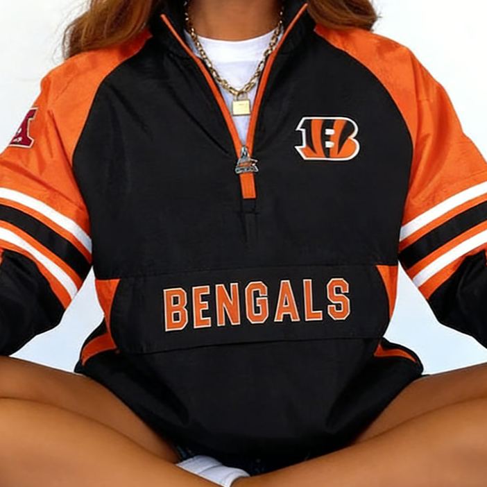 Women's Retro Cincinnati Bengals Rugby Print Pocket Zipper Long Sleeve Sweatshirt