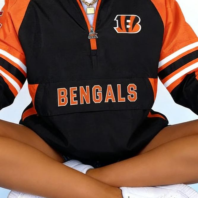 Women's Retro Cincinnati Bengals Rugby Print Pocket Zipper Long Sleeve Sweatshirt