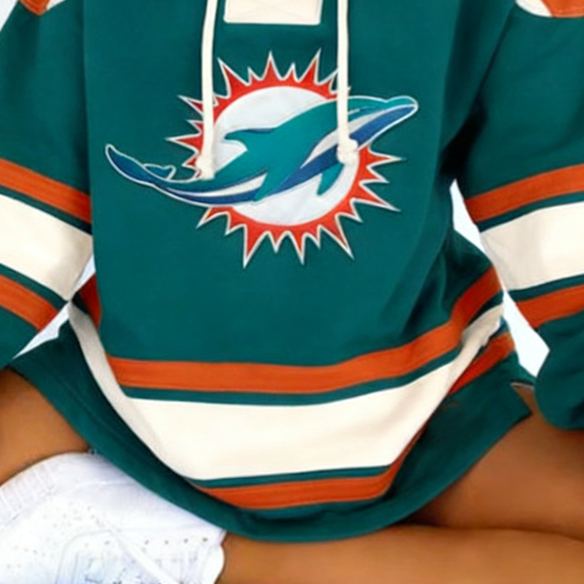 Miami Dolphins Football Print Lace-up Color Block Long-Sleeved Hoodie