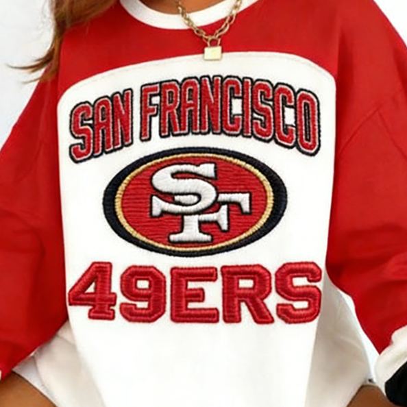 [Copy]Women's Vintage San Francisco 49ers Football Embroidery V-Neck Long-Sleeved Sweatshirt
