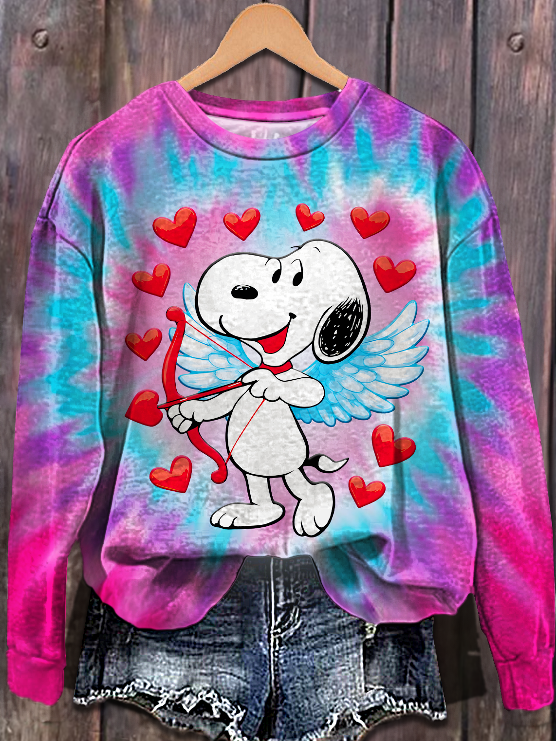 Tie-dye Heart Snoopy Valentine Printed Long Sleeve Casual Top