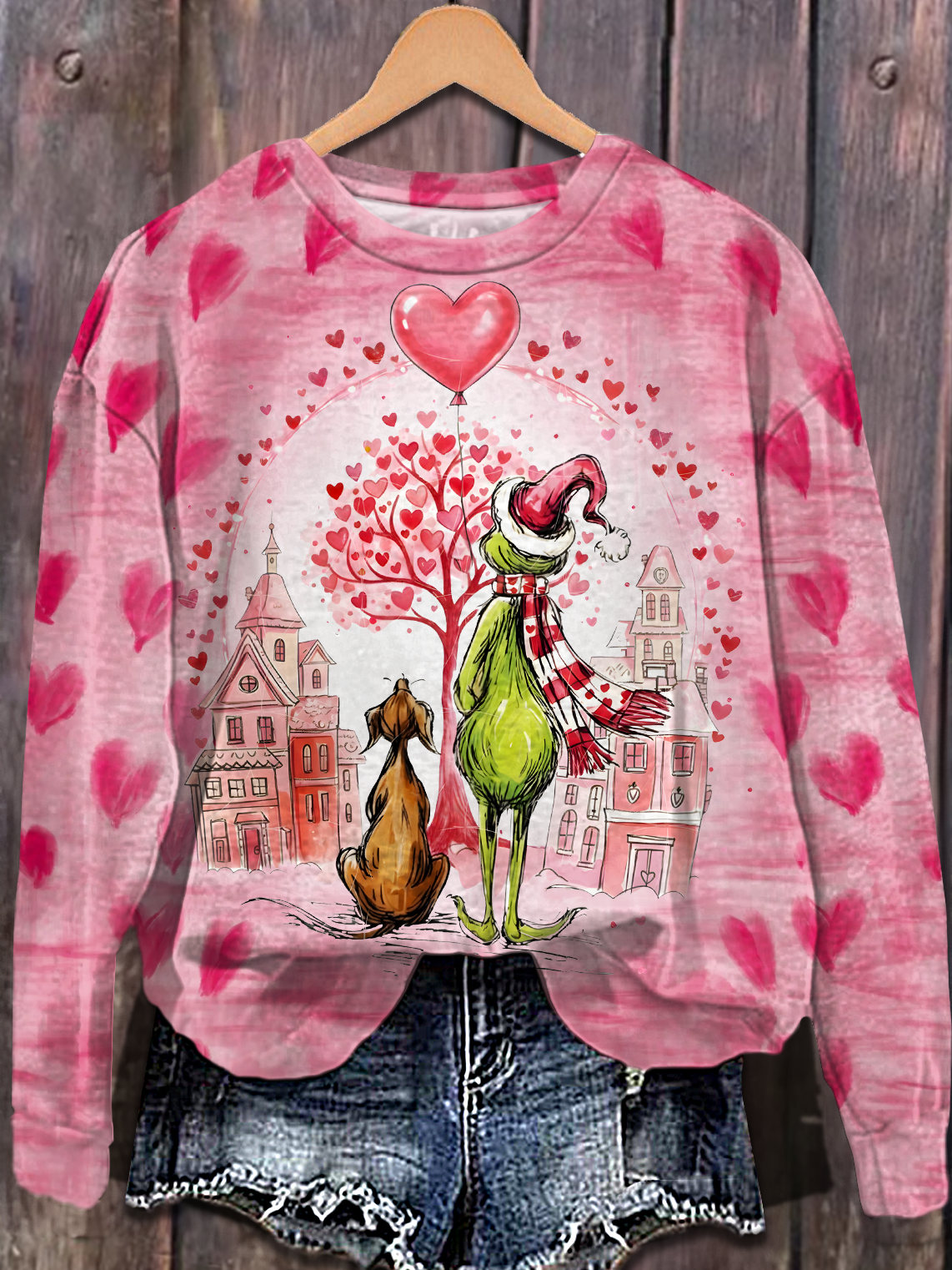 Retro Valentine Grinch Printed Long Sleeve Casual Top