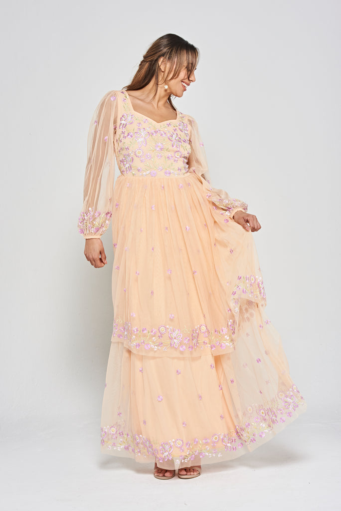 Almond Floral Embroidered Maxi Dress