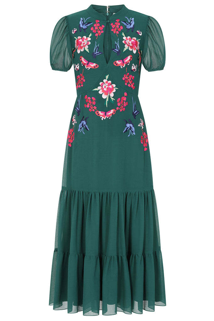 Green Floral Embroidered Midi Dress