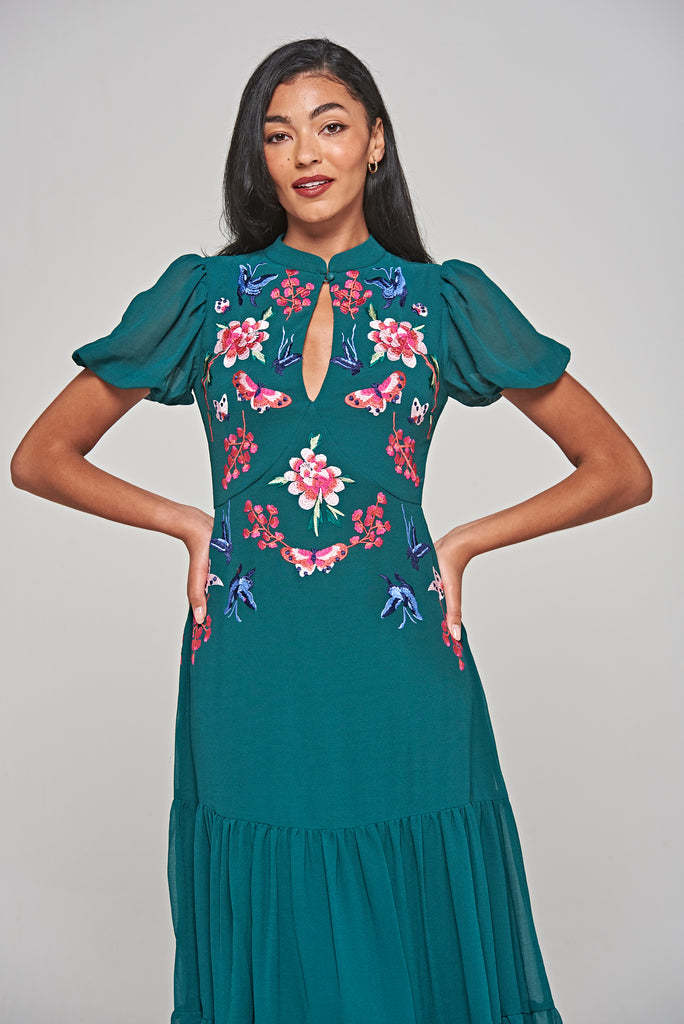 Green Floral Embroidered Midi Dress