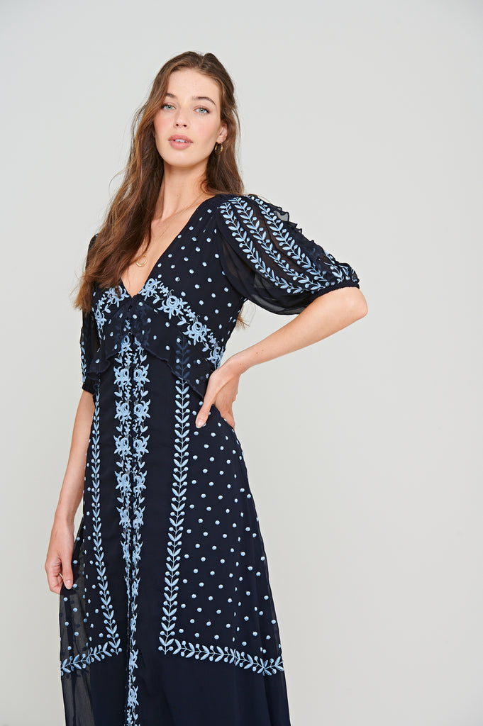 Navy Embroidered Button Through Maxi Dress
