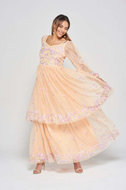 Almond Floral Embroidered Maxi Dress