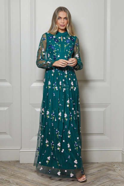 Alpine Green Floral Embroidered Maxi Dress
