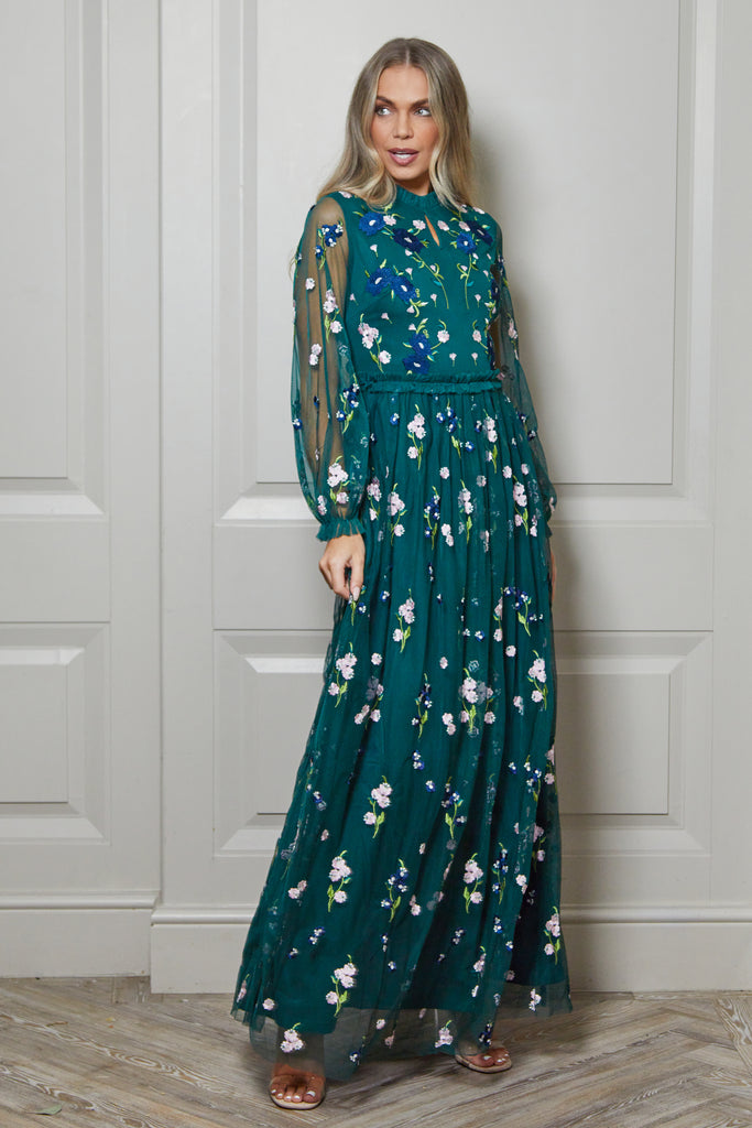 Alpine Green Floral Embroidered Maxi Dress