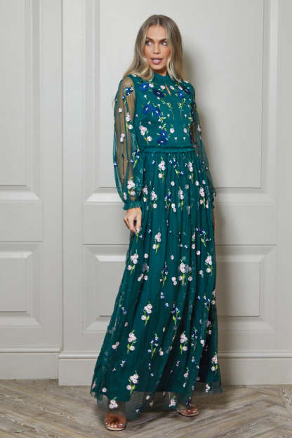 Alpine Green Floral Embroidered Maxi Dress