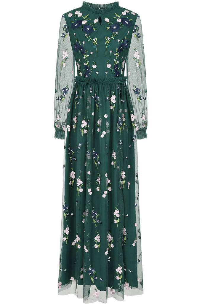 Alpine Green Floral Embroidered Maxi Dress