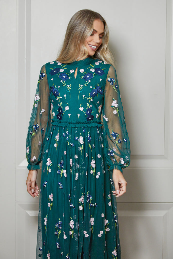 Alpine Green Floral Embroidered Maxi Dress