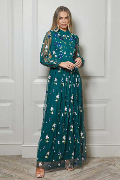 Alpine Green Floral Embroidered Maxi Dress
