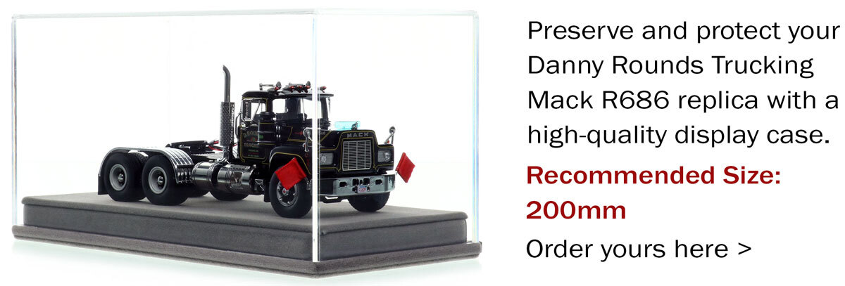 Display case for 1:50 scale diecast model of D. Rounds Trucking 1979 Mack R686 tandem axle tractor
