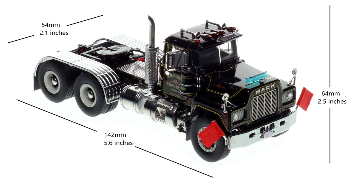 Dimensions of 1:50 scale diecast model of D. Rounds Trucking 1979 Mack R686 tandem axle tractor