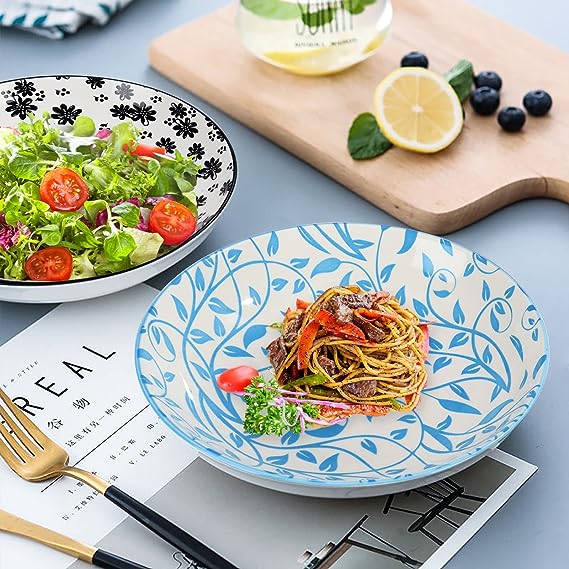 Ceramic Pasta Bowls Set of 6, 30 oz Large Salad Bowl, 8.2 Inch Wide and Shallow Serving Plates Bowls, Colorful Bowls for kitchen, Soup Bowls for Pasta, Salad, Soup, Microwave & Dishwasher Safe