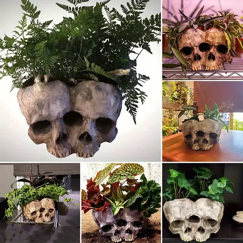 💀Resin Skull Planter, Halloween Decoration Gothic  Head Flower  Pot Carved，1 set🎃